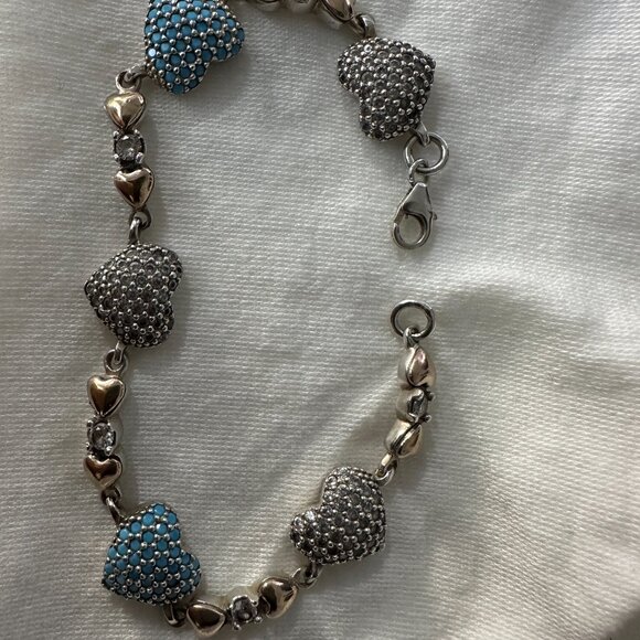 Vintage 925 Sterling Silver Crystal & Turquoise Pavé Clustered Heart Bracelet an - Picture 5 of 12